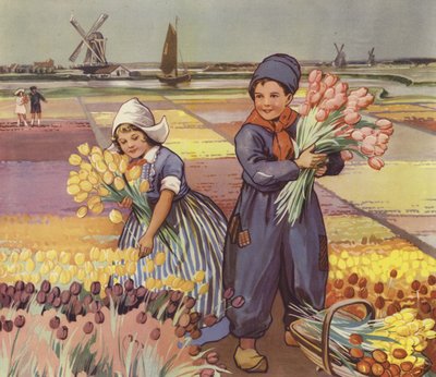 Children picking tulips in Holland by English School