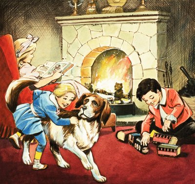 Children playing in front of a roaring fire by English School