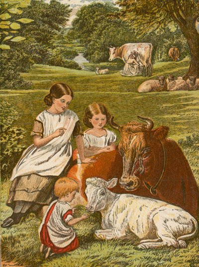 Children playing with cow and calf by English School