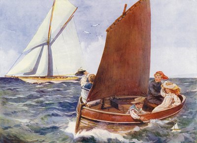 Children sailing and watching a passing yacht by English School