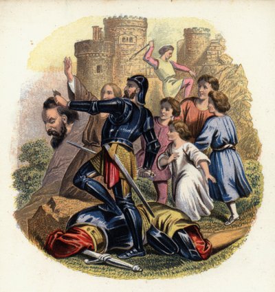 Christiana and the pilgrims look on as Greatheart slays Giant Despair, an illustration from The Pilgrim