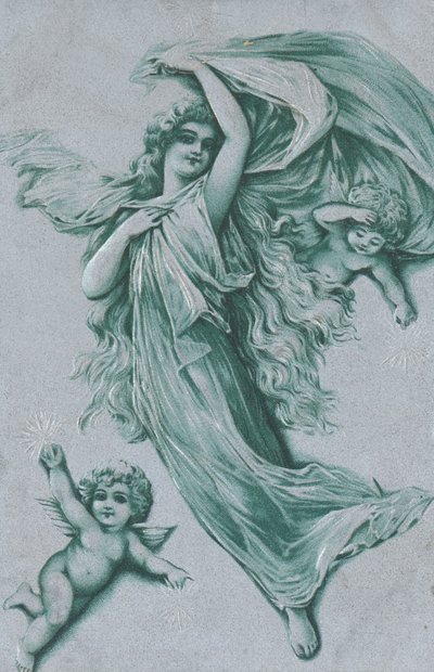 Christmas card with an angel and two cherubs by English School