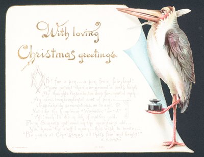Christmas card with stork by English School
