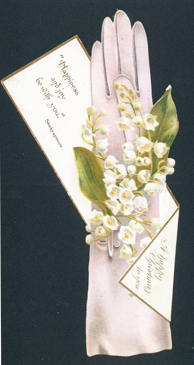 Christmas greetings card with glove and flowers by English School