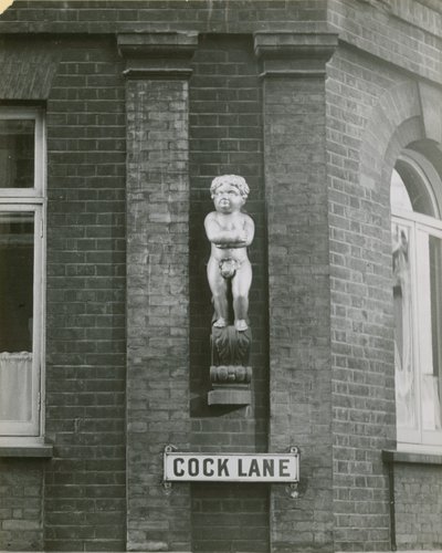 Cock Lane and the Fat Boy, or Golden Boy, statue; photograph by English School