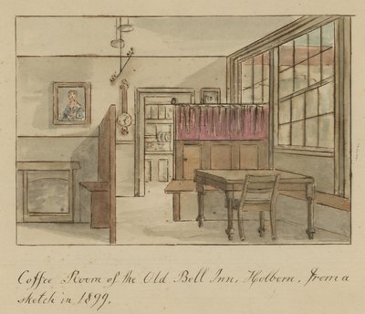 Coffee Room of the Old Bell Inn, Holborn, London, from a sketch in 1899 by English School