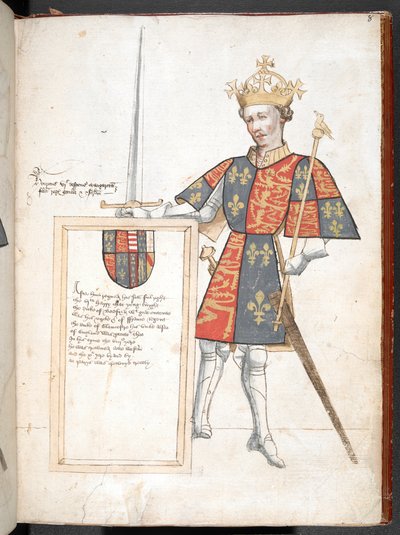 Coloured drawing of an English king in armour and tabard (Henry VI), presenting a plaque with verses, illustration from 