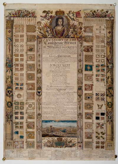 Commemorative chart showing standards captured from the French after the Battle of Blenheim, c.1704 by English School