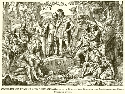 Conflict of Romans and Germans: Germanicus Burying the Bones of the Legionaries of Varus by English School