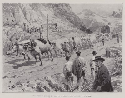 Constructing the Simplon Tunnel, a Team of Oxen bringing up a Boiler by English School
