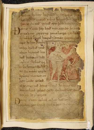 A panotii, i.e. a man with ears projecting on stems, holding an object that looks like a bow, illustration from Beowulf, from the 