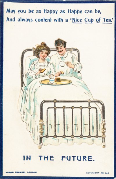 Couple drinking tea in bed by English School
