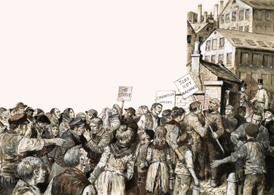 Crowd Picketing a Factory with Signs by English School
