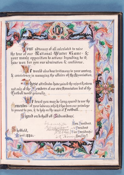 Dedication from an address presented by Sheffield Football Association to William Pierce-Dix on the occasion of his retirement as Secretary, 1882 by English School