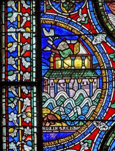 Detail from one of the Bible Windows depicting Noah welcoming the dove back at the ark by English School