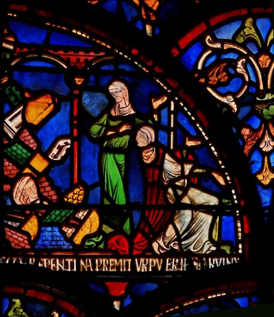 Miracle Window depicting a wall falling on the infant Geoffrey of Winchester (detail) by English School