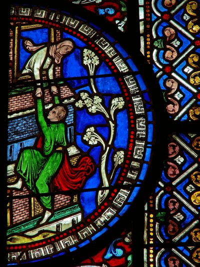 East window of the Trinity Chapel depicting David escaping the city (detail) by English School