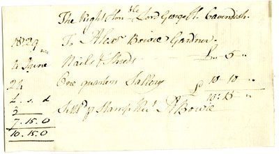 Devonshire MSS AS 3101, folio from a bundle of bills settled by Pinder Simpson for Lord George Cavendish, including Alexander Bowie