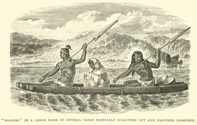 Diggers in a canoe made of several trees partially hollowed out and fastened together by English School