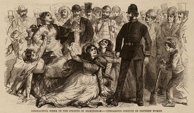 Disgraceful Scene in the Streets of Birmingham, Uproarious Conduct of Drunken Women (engraving) by English School