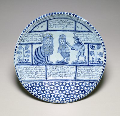 Dish with a Cat, an Owl and a Monkey looking in a mirror by English School