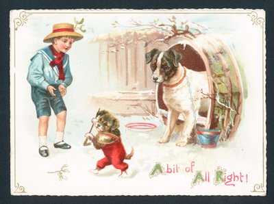 Dog, Puppy and Boy Playing in the Snow by English School