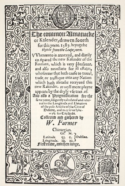 Double Almanack and Prognostication for Dublin for 1587 by English School