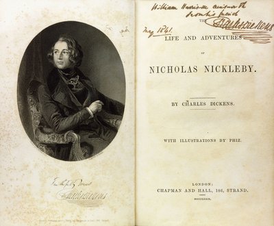 Double Page Spread with a Portrait of Dickens, and a Dedication by Dickens to William Harrison Ainsworth by English School