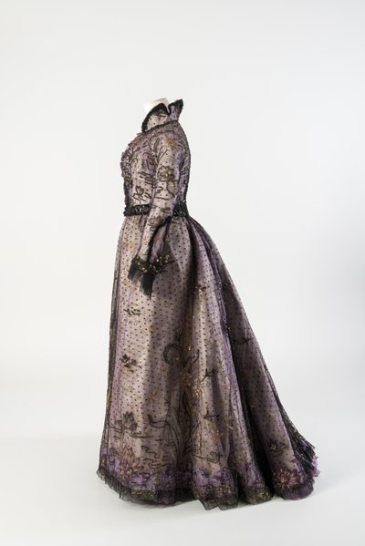 Dress of White and Purple Floral Silk Satin with an Outer Layer of Black Net by English School