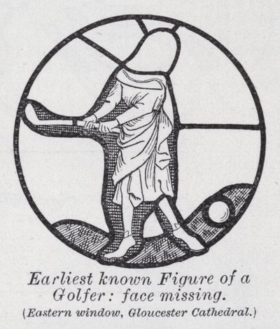 Earliest known figure of a golfer, face missing, Eastern window, Gloucester Cathedral by English School