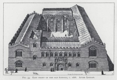 East front of the old Schools, c 1688 (after Loggan) by English School