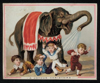Elephant Playfully Showering Children with Water, Christmas Greetings Card by English School