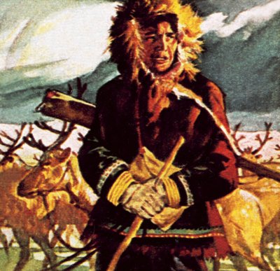 Eskimo with his reindeer by English School