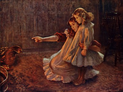 Faces in the Flames: woman and child looking into a fire by English School