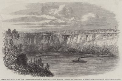 Farina, with a Man on his Back, Crossing the Niagara on a Tightrope, from Clifton House Balcony, 29 August 1860 by English School