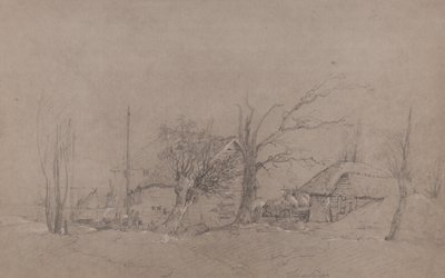 Farm Buildings by a River Bank by English School