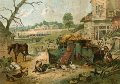 Farmyard with St Pancras Railway Station in background by English School