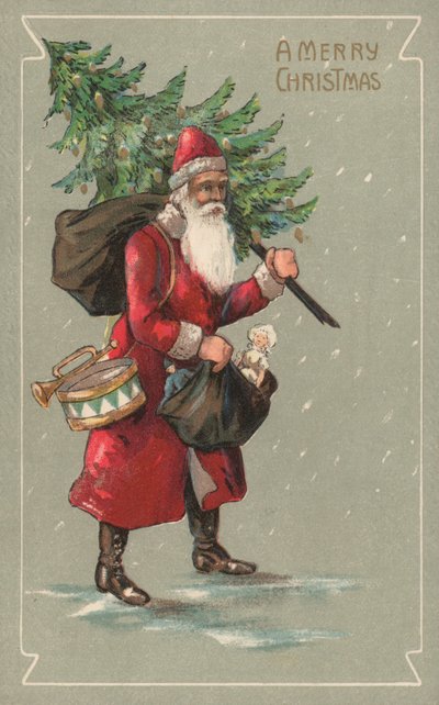 Father Christmas carrying a sack of toys and a Christmas tree by English School