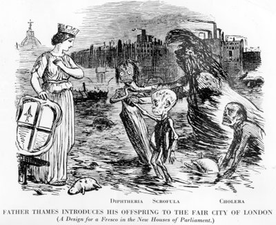 Father Thames Introducing his Offspring to the Fair City of London, the Offspring Being Diphtheria, Scrofula and Cholera by English School