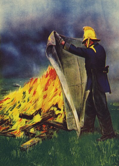 Fireman Experimenting with an Asbestos Fire Blanket by English School