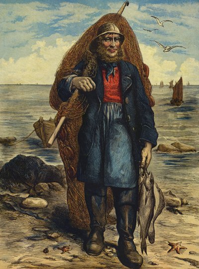 Fisherman carrying his nets, and holding his catch of fish by English School