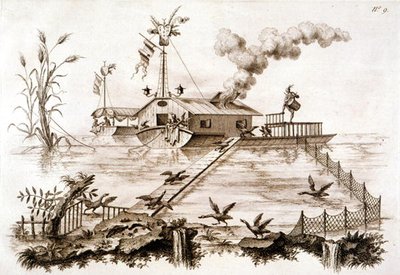 Fishing with Cormorants using a water boat and fenced enclosure, illustration from 
