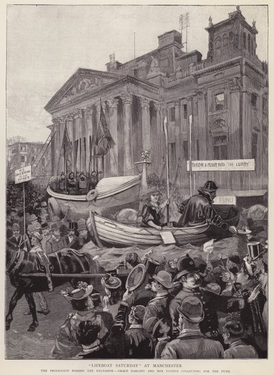 Float raising funds for the Royal National Lifeboat Institution passing the Exchange in Manchester by English School
