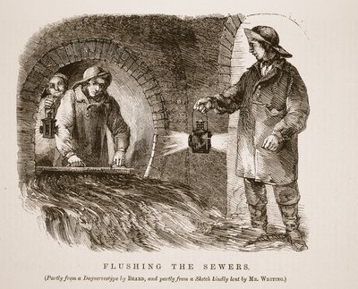 Flushing the sewers, partly from the daguerreotype by Richard Beard and partly from a sketch kindly lent by Mr. Whiting, illustration from London Labour and London Poor by Henry Mayhew, pub. 1862 by English School