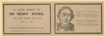 Folding card noting the passing of Sir Henry Irving, actor, who died on 13 October 1905 by English School