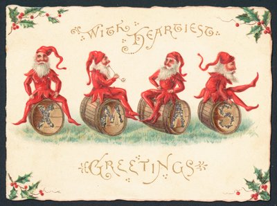 Four Pixies Sitting on Barrels by English School