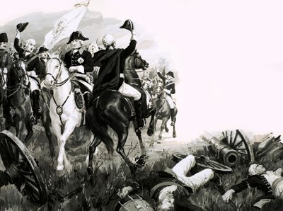 Frederick the Great, king of Prussia, with his troops in battle by English School