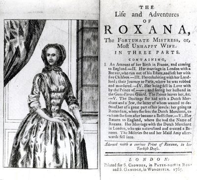 Frontispiece and Title page for The Life and Adventures of Roxana by Daniel Defoe, published 1765 by English School