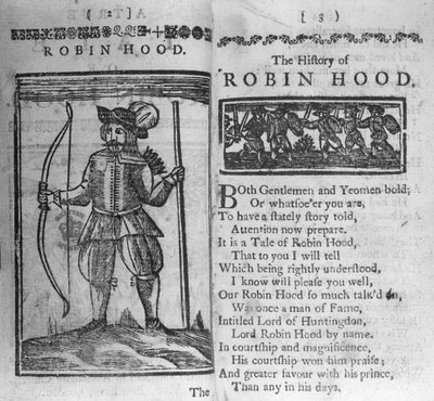 Frontispiece and opening lines to The History of Robin Hood by English School