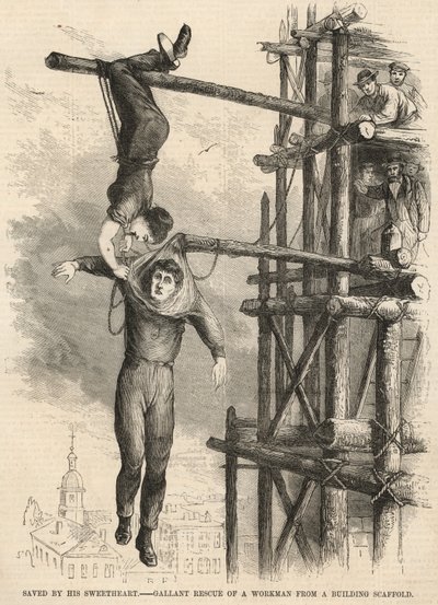 Gallant rescue of a workman from a building scaffold by English School